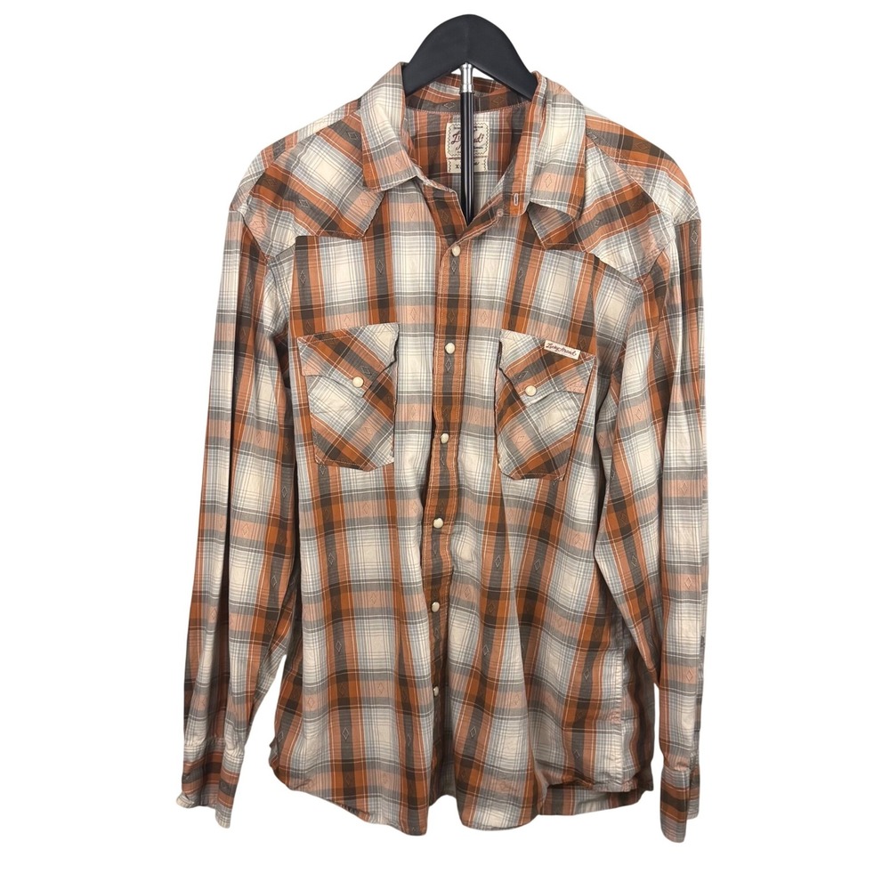 Lucky Brand Mens XL Orange Plaid Western Pearl Snap Shirt Long Sleeve Cotton